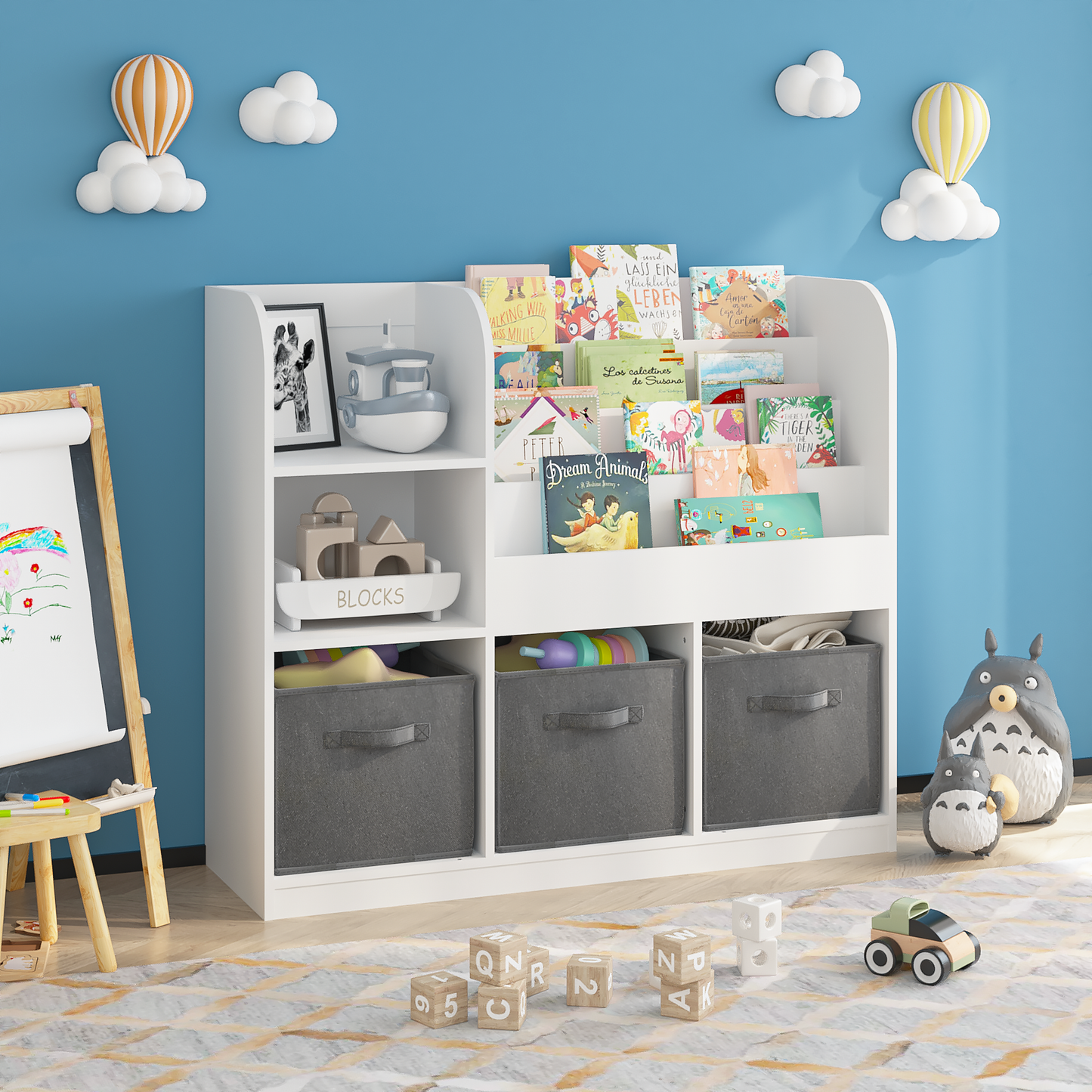 Kids Bookcase & Toy Organizer — Front-Facing Bookshelf with 3 Fabric Storage Drawers