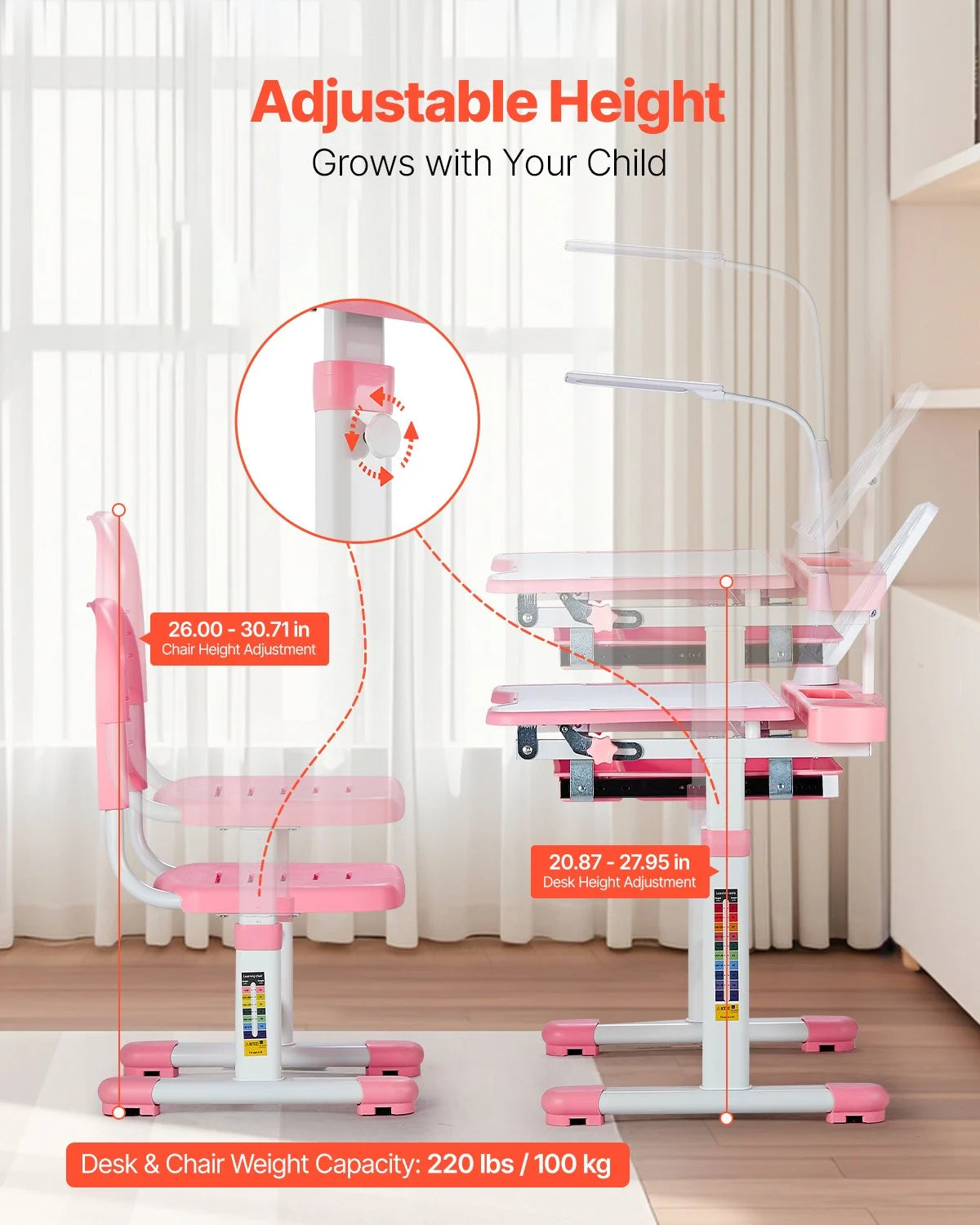 Adjustable Kids Study Desk & Chair Set with Lamp(Pink) — Ergonomic Learning Table, 0–40° Tilt Desktop, Height Adjustable Kids Study Table with Storage