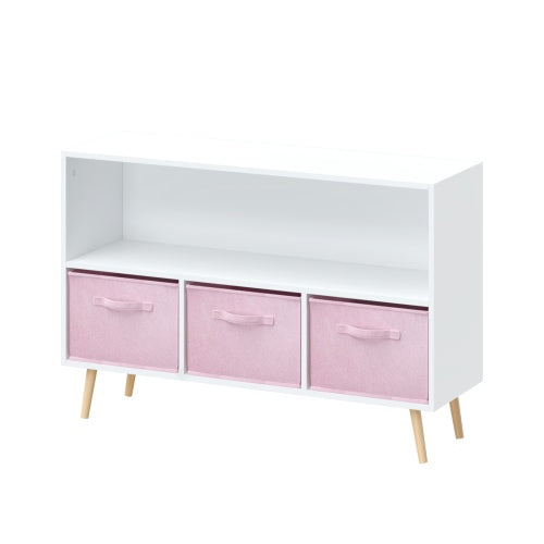 Pink Kids Bookcase with 3 Fabric Drawers – Wooden Toy Storage Organizer & Children’s Bookshelf (White & Pink)