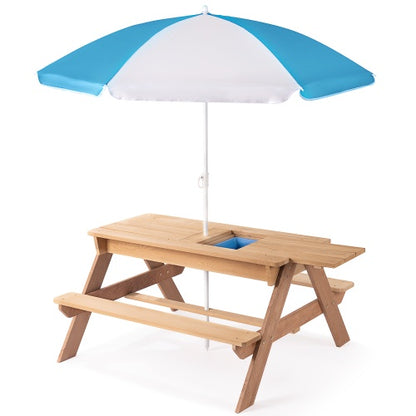 3-in-1 Kids Picnic Table with Umbrella — Sand, Water & Dining Activity Table