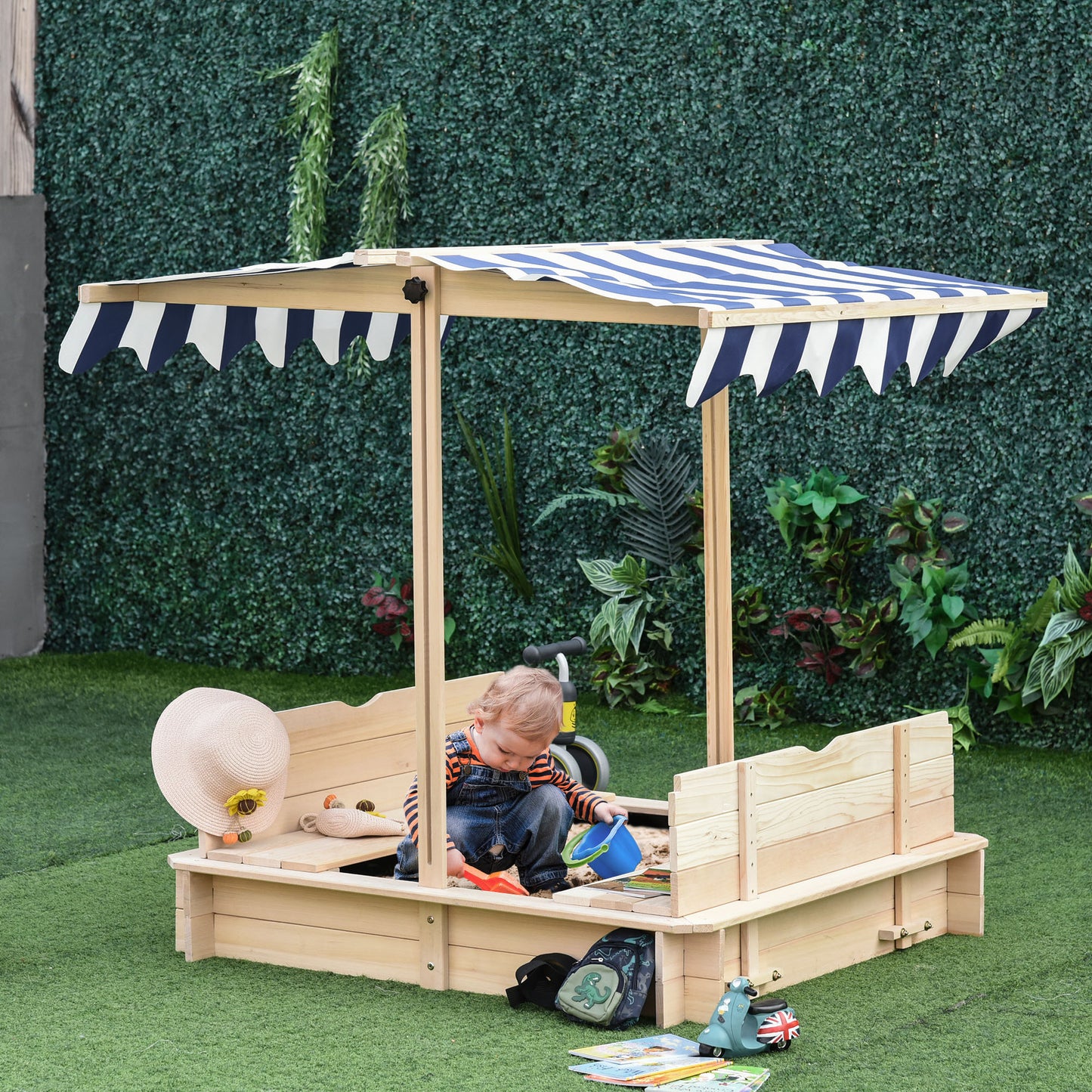 Wooden Kids Sandbox with Adjustable Canopy & Convertible Benches