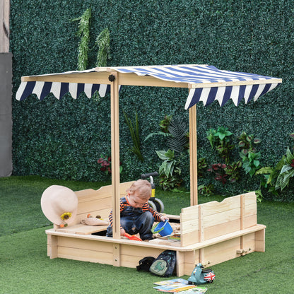 Wooden Kids Sandbox with Adjustable Canopy & Convertible Benches