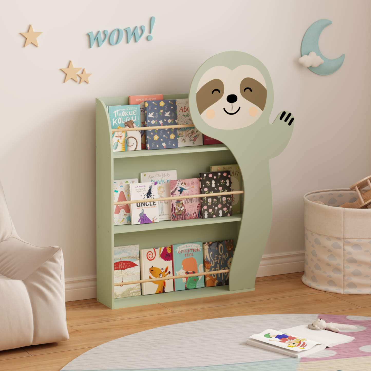 Sloth Bookshelf for Kids — 3-Tier Front-Facing Book Display