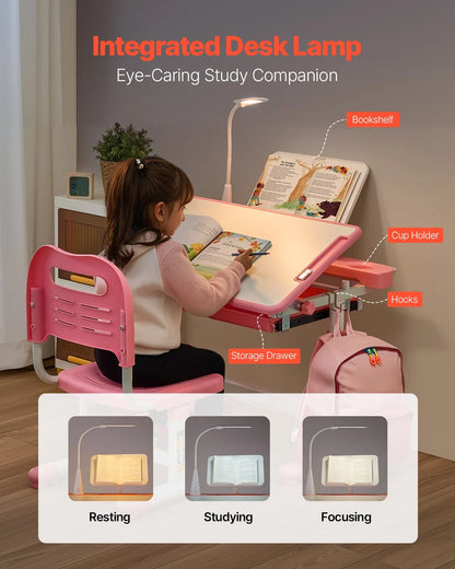 Adjustable Kids Study Desk & Chair Set with Lamp(Pink) — Ergonomic Learning Table, 0–40° Tilt Desktop, Height Adjustable Kids Study Table with Storage