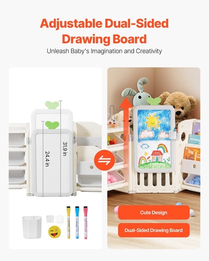 Kids Toy Storage Organizer with Bookshelf & Drawing Board – 10 Bin Playroom Storage System