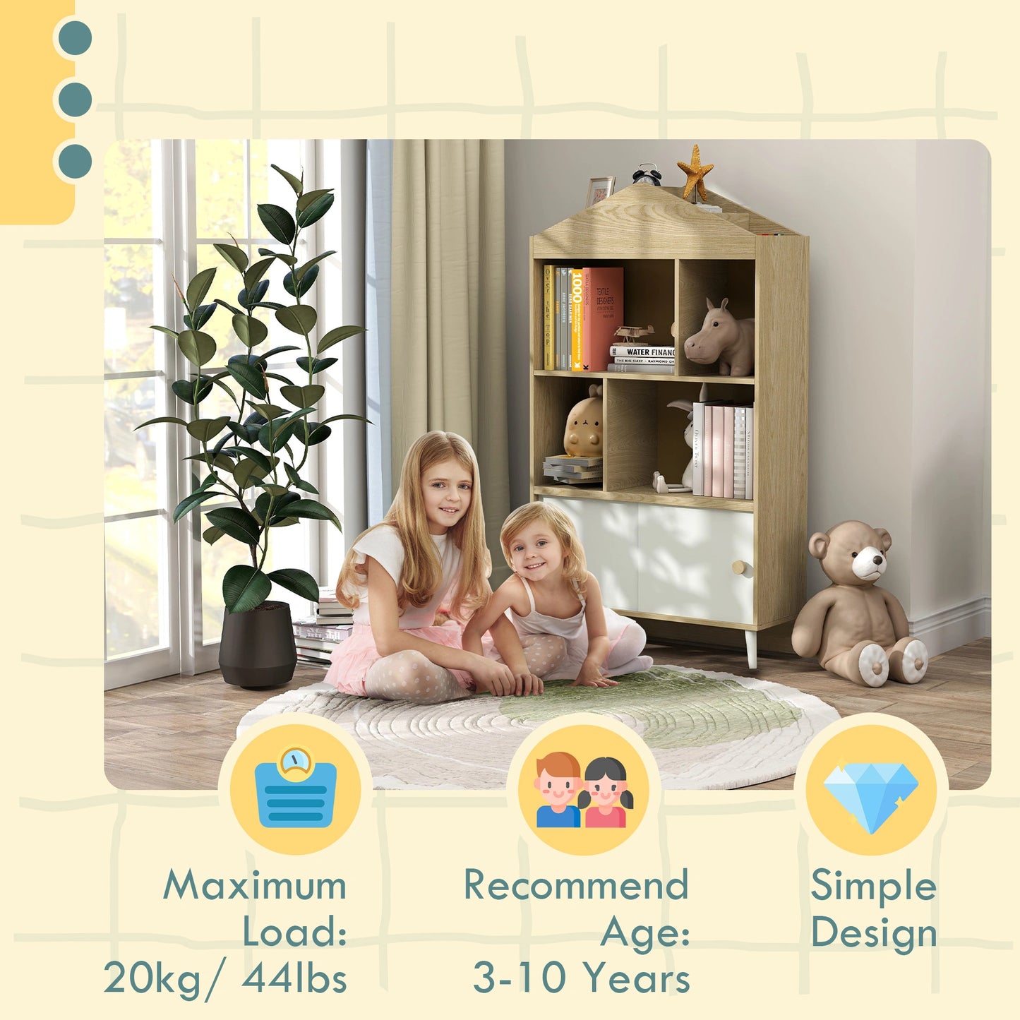 4-Cubby Wooden Bookcase with Sliding Door — Kids Bookshelf & Toy Storage Cabinet