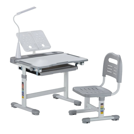 Adjustable Kids Study Desk & Chair Set with Lamp(Grey) — Ergonomic Learning Table, 0–40° Tilt Desktop, Height Adjustable Kids Study Table with Storage