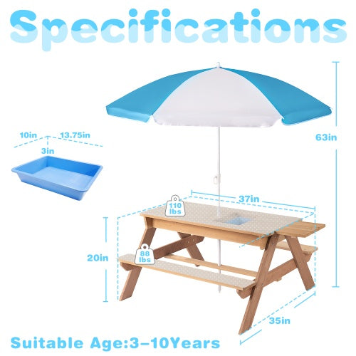 3-in-1 Kids Picnic Table with Umbrella — Sand, Water & Dining Activity Table