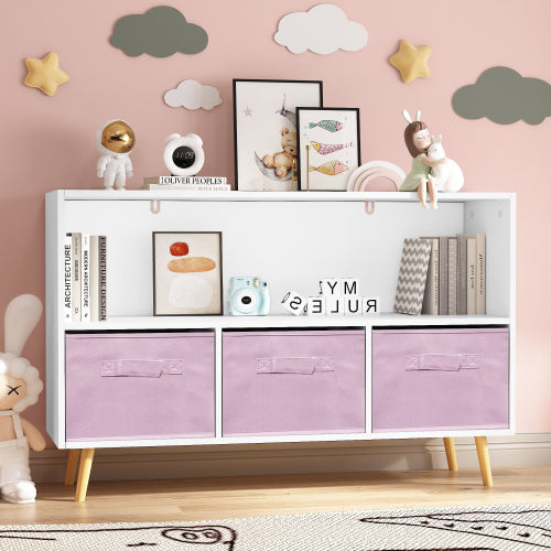 Pink Kids Bookcase with 3 Fabric Drawers – Wooden Toy Storage Organizer & Children’s Bookshelf (White & Pink)