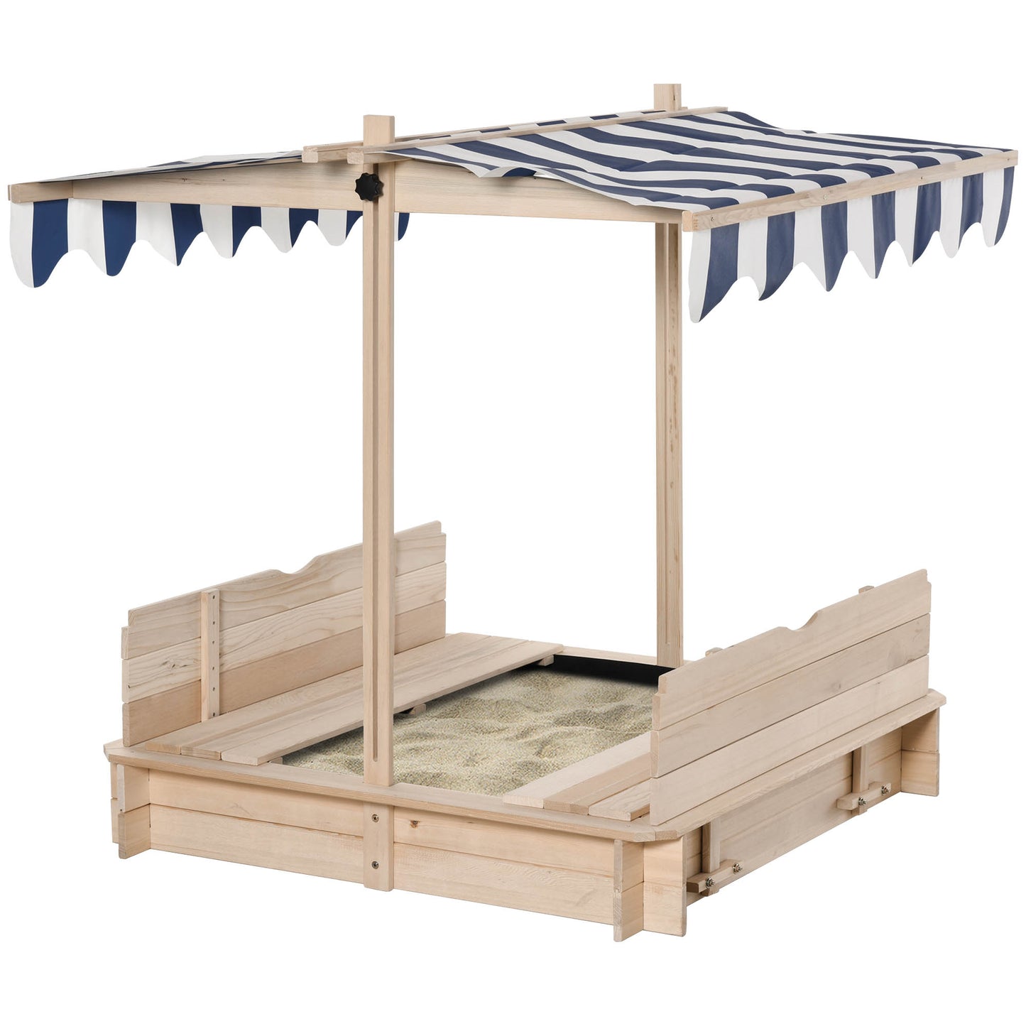 Wooden Kids Sandbox with Adjustable Canopy & Convertible Benches