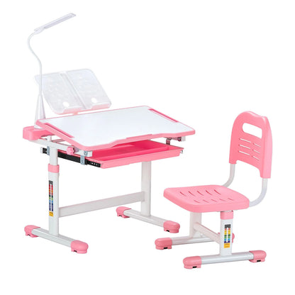 Adjustable Kids Study Desk & Chair Set with Lamp(Pink) — Ergonomic Learning Table, 0–40° Tilt Desktop, Height Adjustable Kids Study Table with Storage