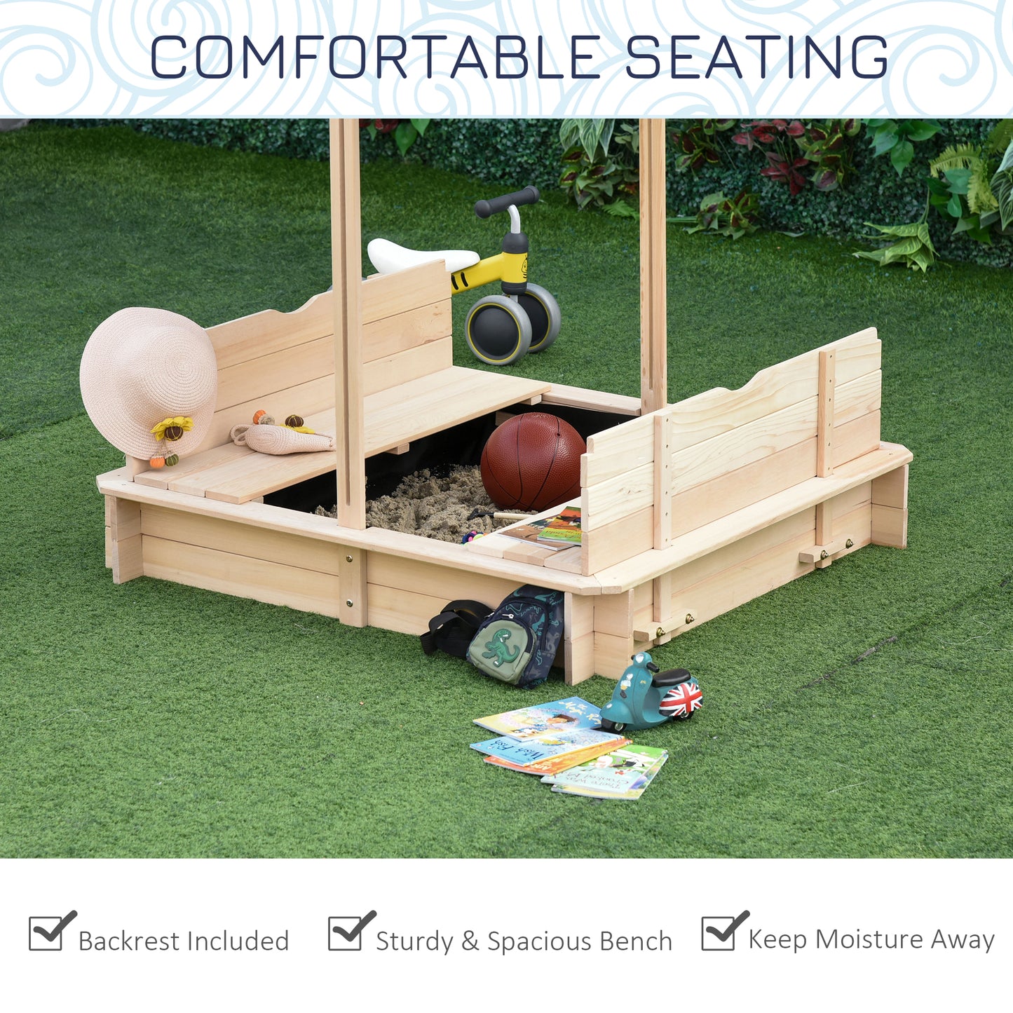 Wooden Kids Sandbox with Adjustable Canopy & Convertible Benches