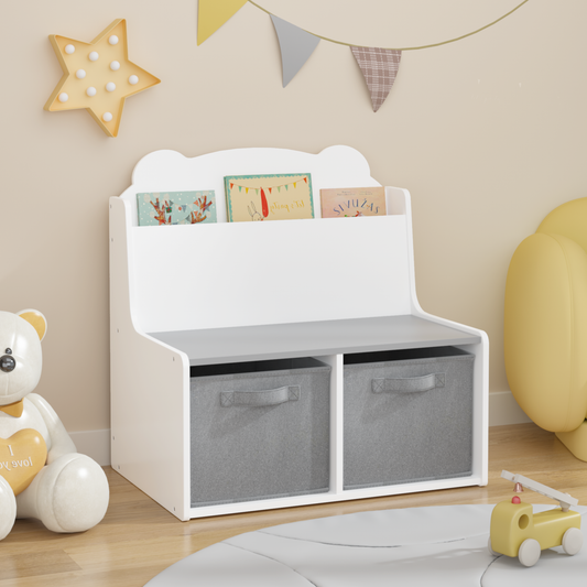 Kids Bookshelf with 2 Storage Bins – Bear Design Wooden Bookcase & Toy Organizer for Toddlers (White & Gray)