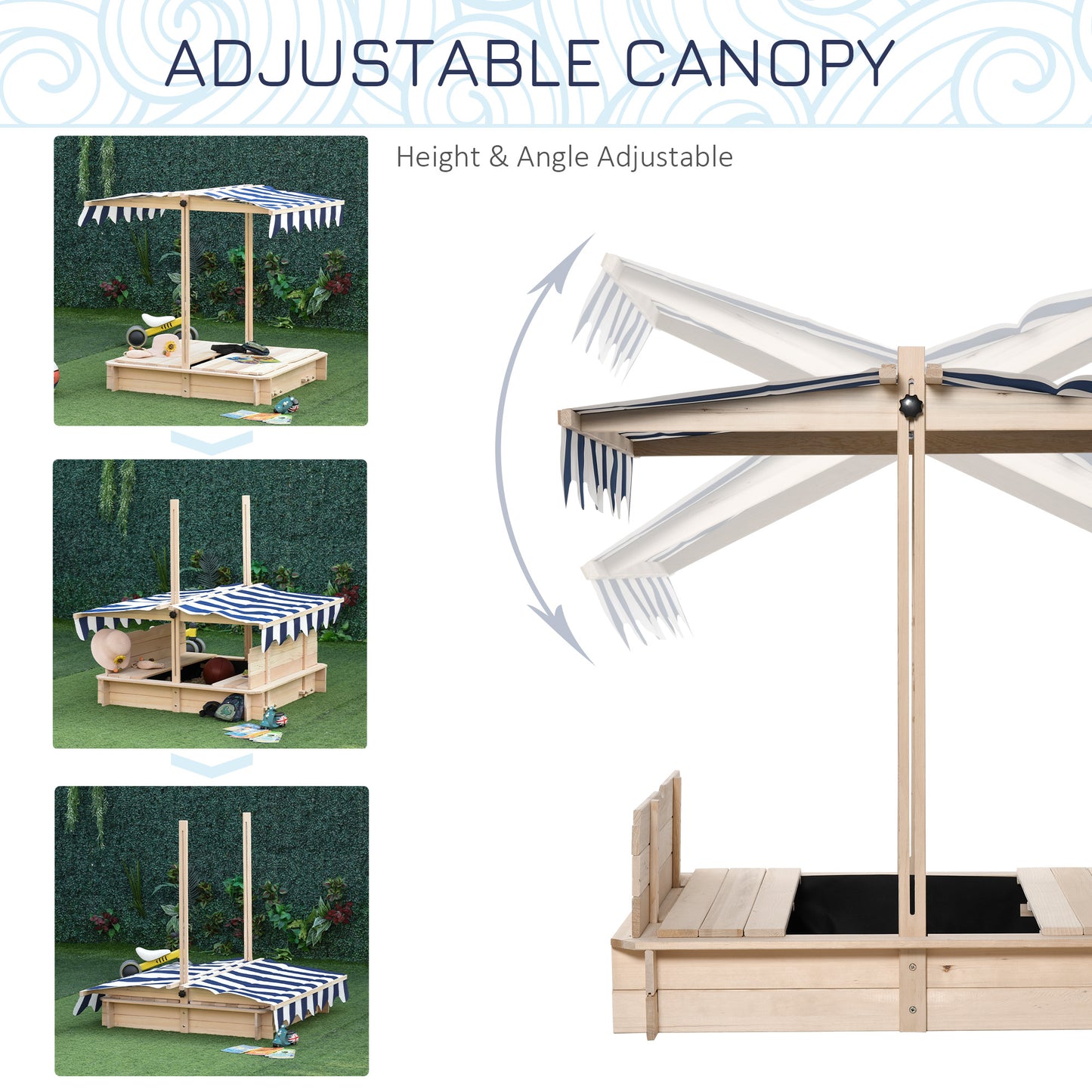 Wooden Kids Sandbox with Adjustable Canopy & Convertible Benches