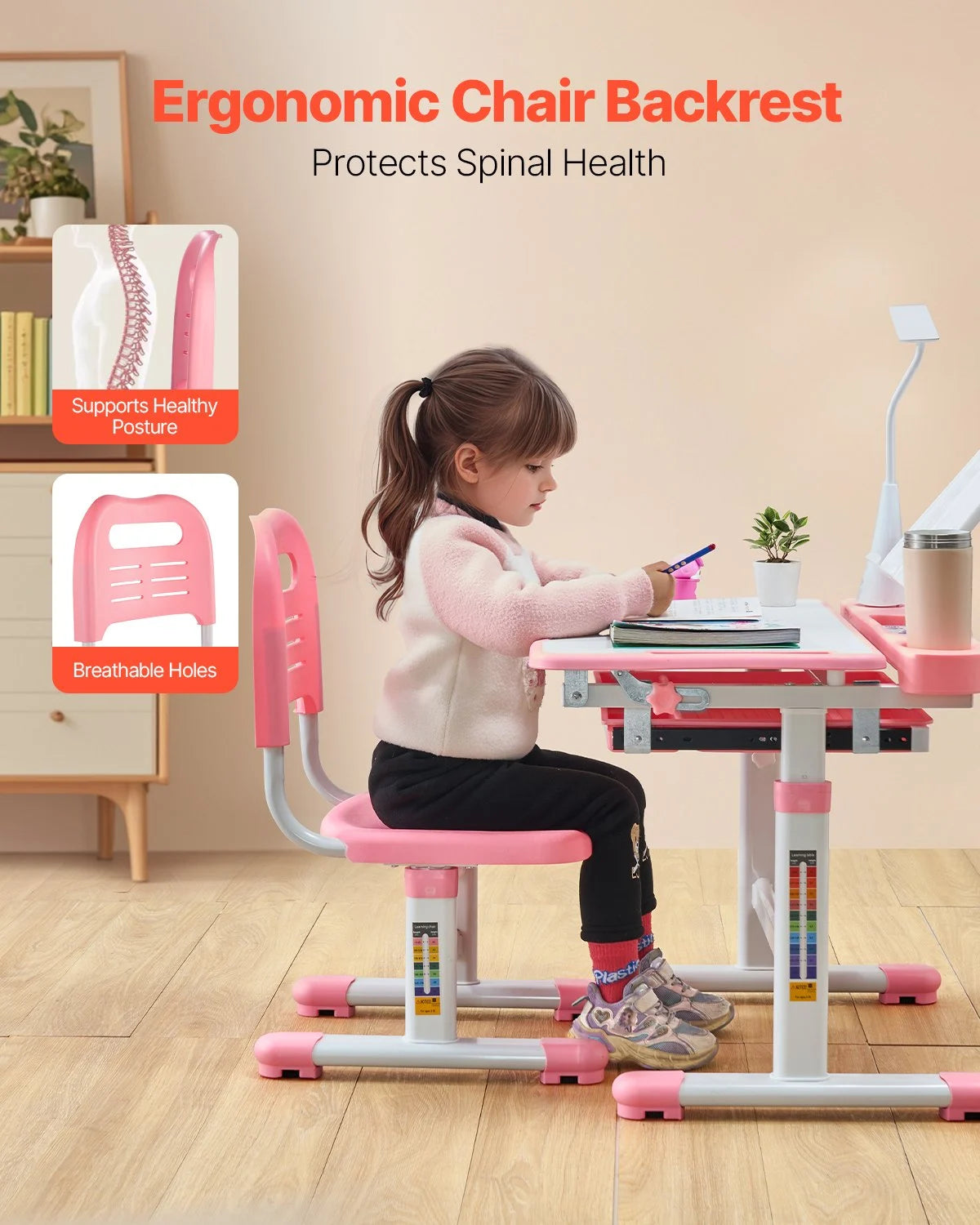 Adjustable Kids Study Desk & Chair Set with Lamp(Pink) — Ergonomic Learning Table, 0–40° Tilt Desktop, Height Adjustable Kids Study Table with Storage