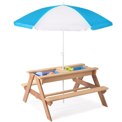 3-in-1 Kids Picnic Table with Umbrella — Sand, Water & Dining Activity Table