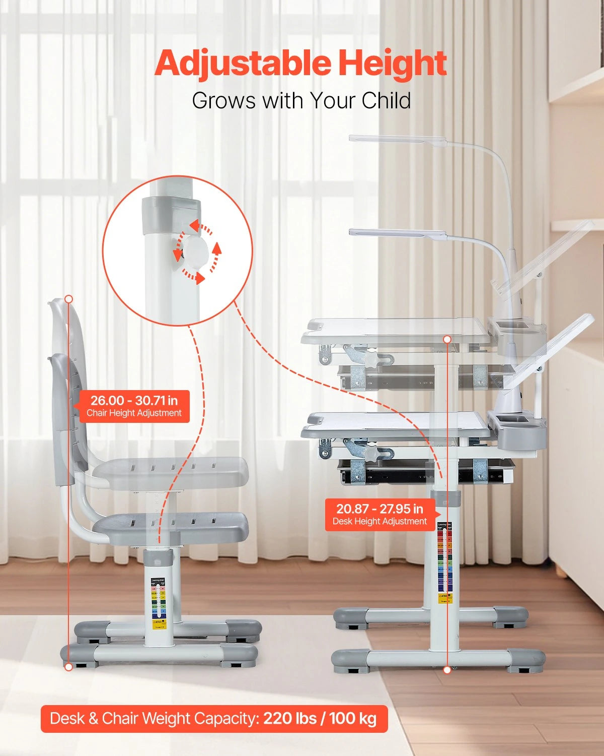 Adjustable Kids Study Desk & Chair Set with Lamp(Grey) — Ergonomic Learning Table, 0–40° Tilt Desktop, Height Adjustable Kids Study Table with Storage