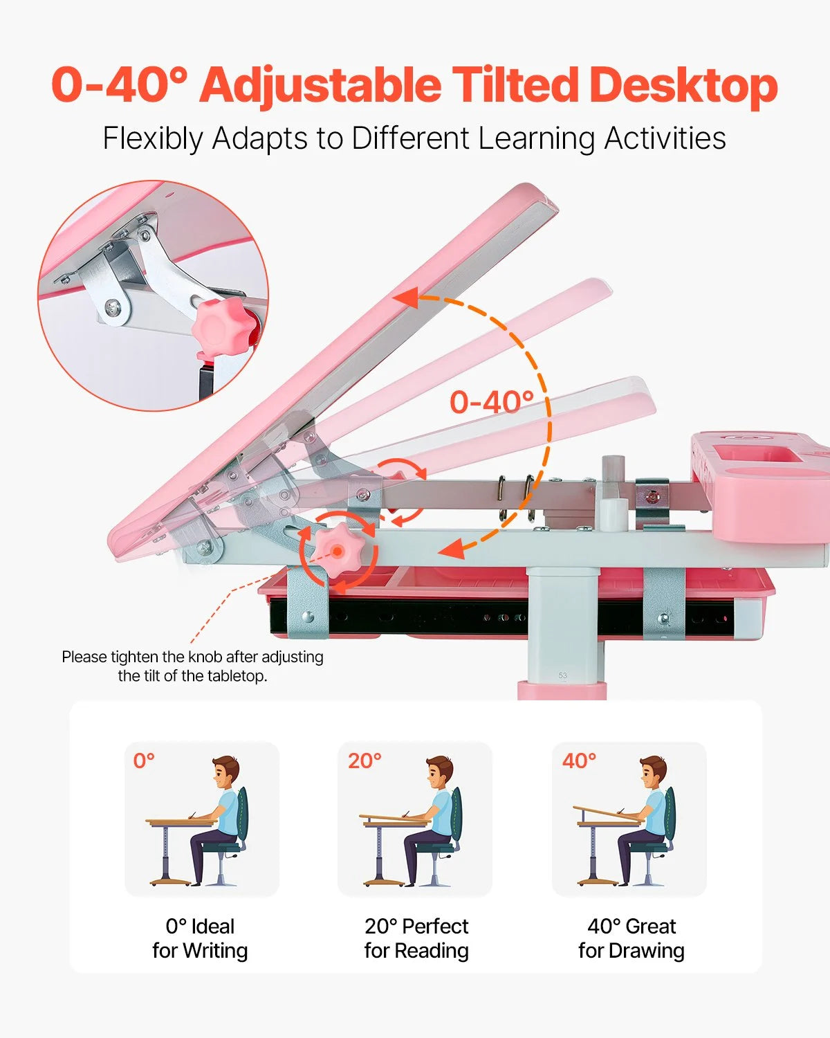 Adjustable Kids Study Desk & Chair Set with Lamp(Pink) — Ergonomic Learning Table, 0–40° Tilt Desktop, Height Adjustable Kids Study Table with Storage