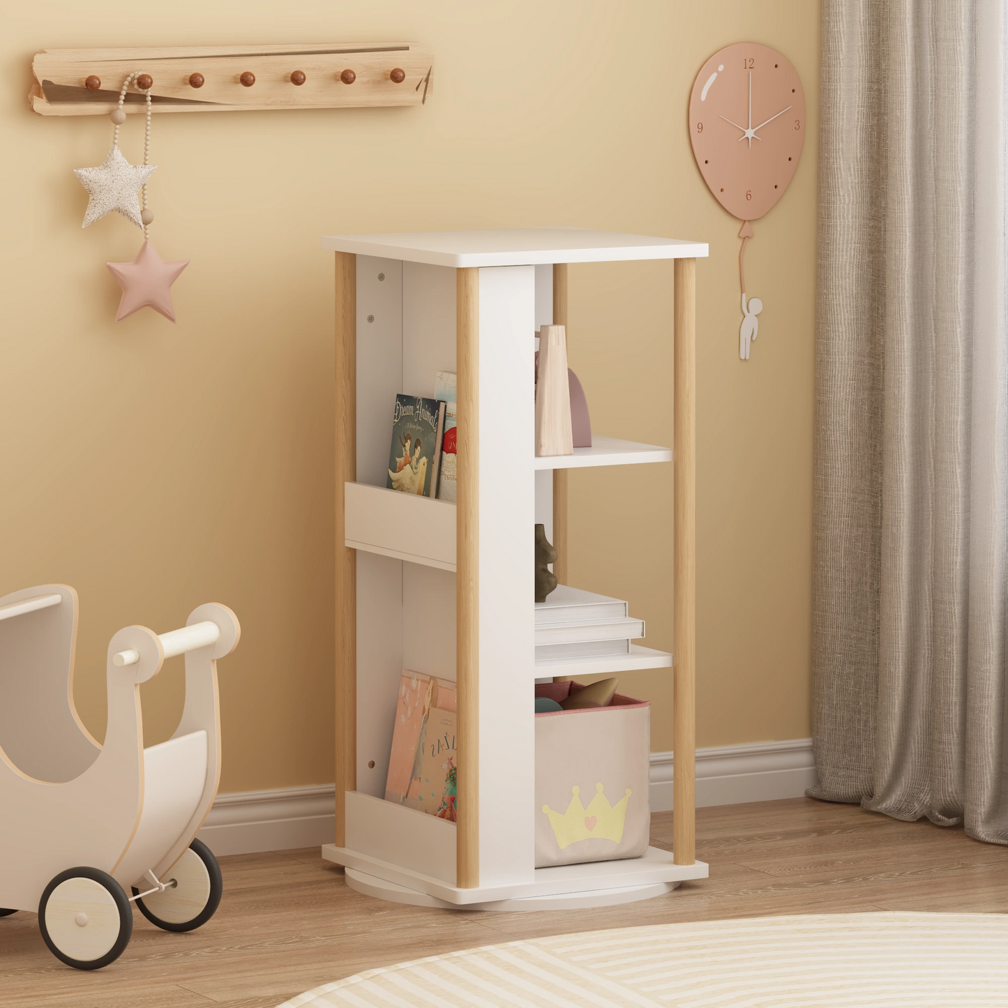 360° Rotating Kids Bookshelf with Chalkboard — 3-Tier Wooden Bookcase & Toy Storage Organizer