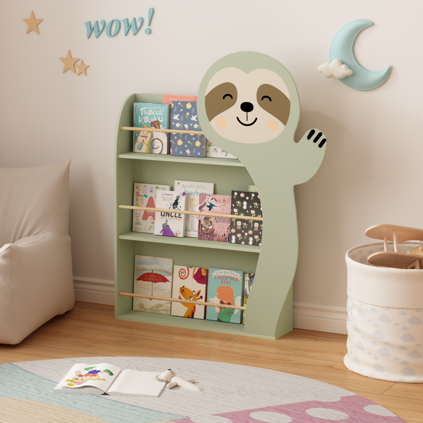 Sloth Bookshelf for Kids — 3-Tier Front-Facing Book Display