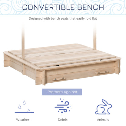Wooden Kids Sandbox with Adjustable Canopy & Convertible Benches