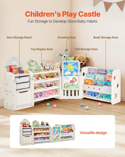 Kids Toy Storage Organizer with Bookshelf & Drawing Board – 10 Bin Playroom Storage System