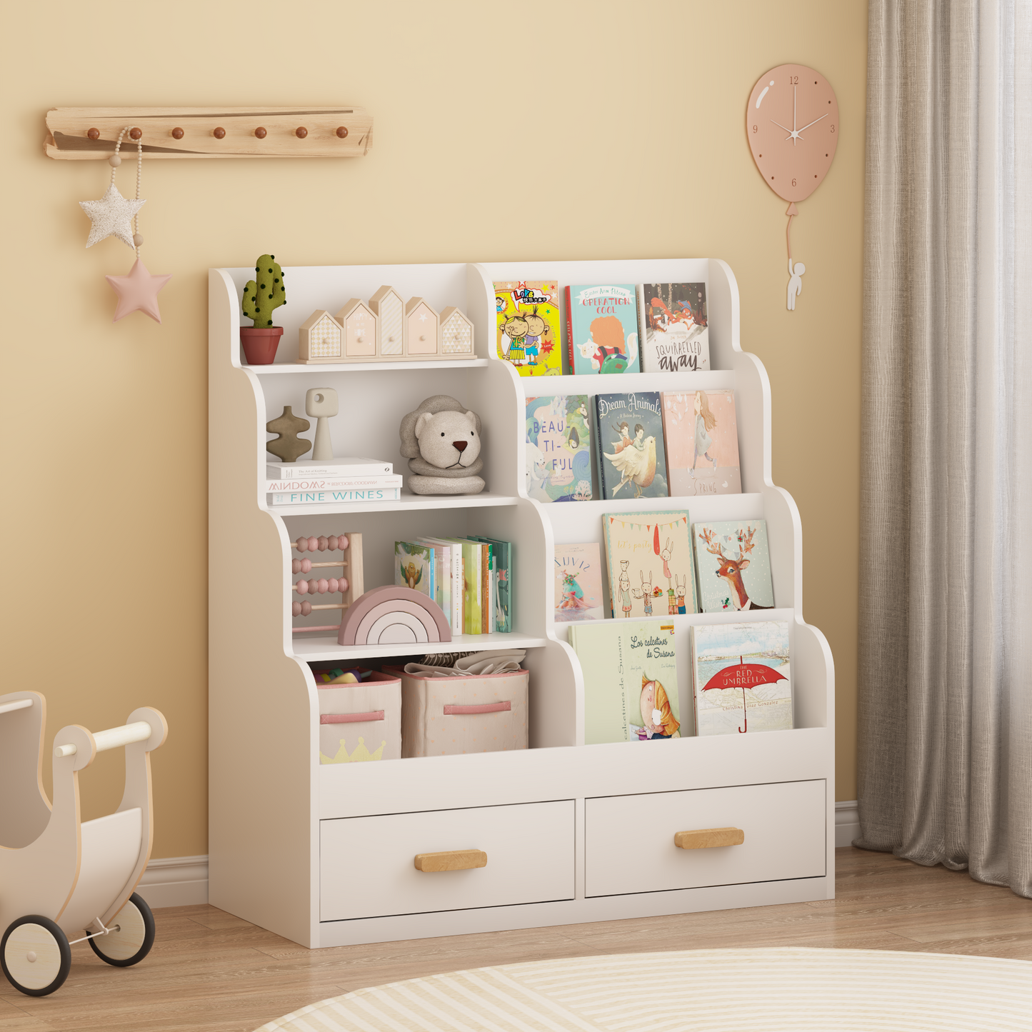 Kids Bookshelf & Toy Organizer — Front-Facing Bookcase with 2 Storage Drawers