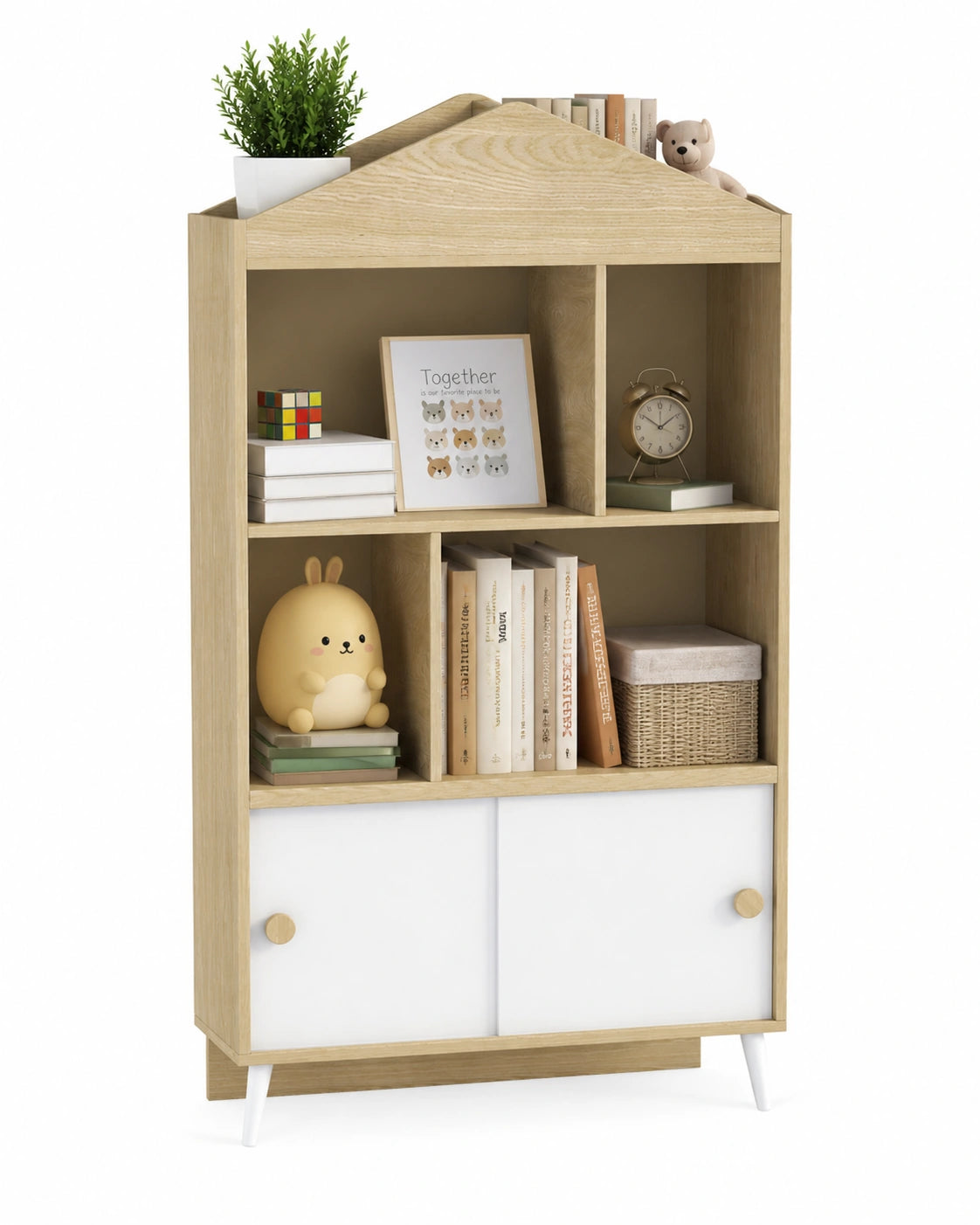 4-Cubby Wooden Bookcase with Sliding Door — Kids Bookshelf & Toy Storage Cabinet