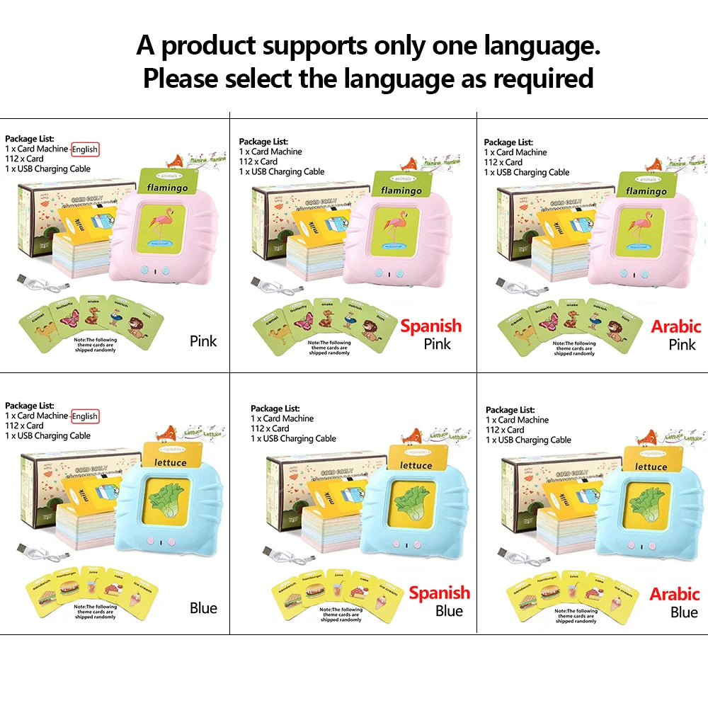 Talking Flash Cards for Kids (Ages 2–6) – Interactive Learning Toy with 224 Words | Screen-Free Educational Gift (Different colors & languages)