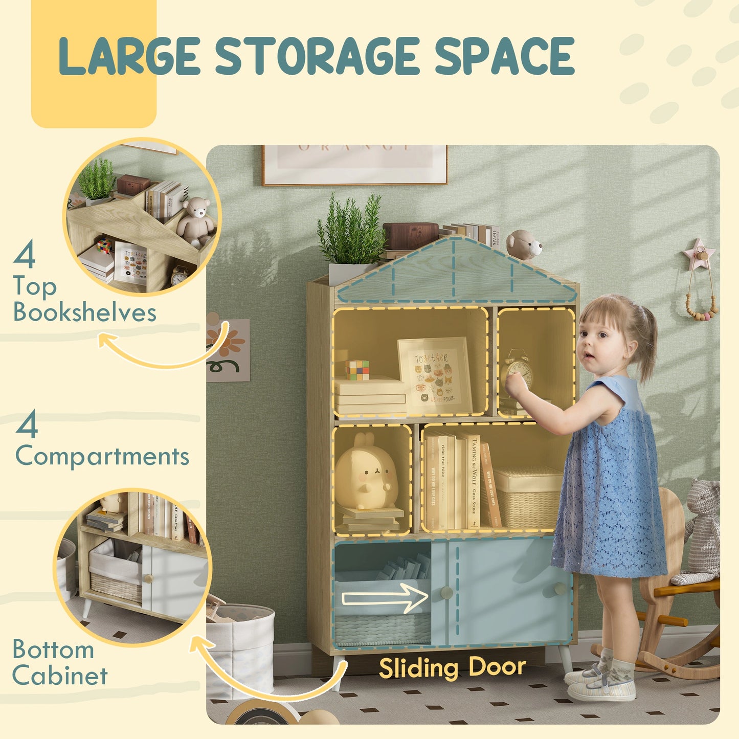 4-Cubby Wooden Bookcase with Sliding Door — Kids Bookshelf & Toy Storage Cabinet