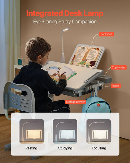 Adjustable Kids Study Desk & Chair Set with Lamp(Grey) — Ergonomic Learning Table, 0–40° Tilt Desktop, Height Adjustable Kids Study Table with Storage