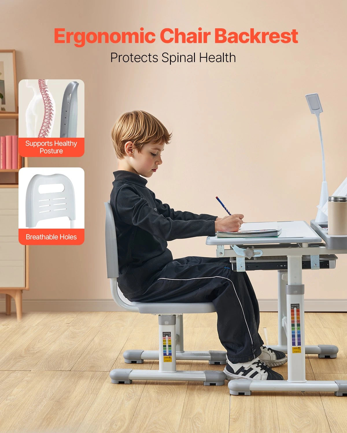 Adjustable Kids Study Desk & Chair Set with Lamp(Grey) — Ergonomic Learning Table, 0–40° Tilt Desktop, Height Adjustable Kids Study Table with Storage