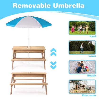 3-in-1 Kids Picnic Table with Umbrella — Sand, Water & Dining Activity Table
