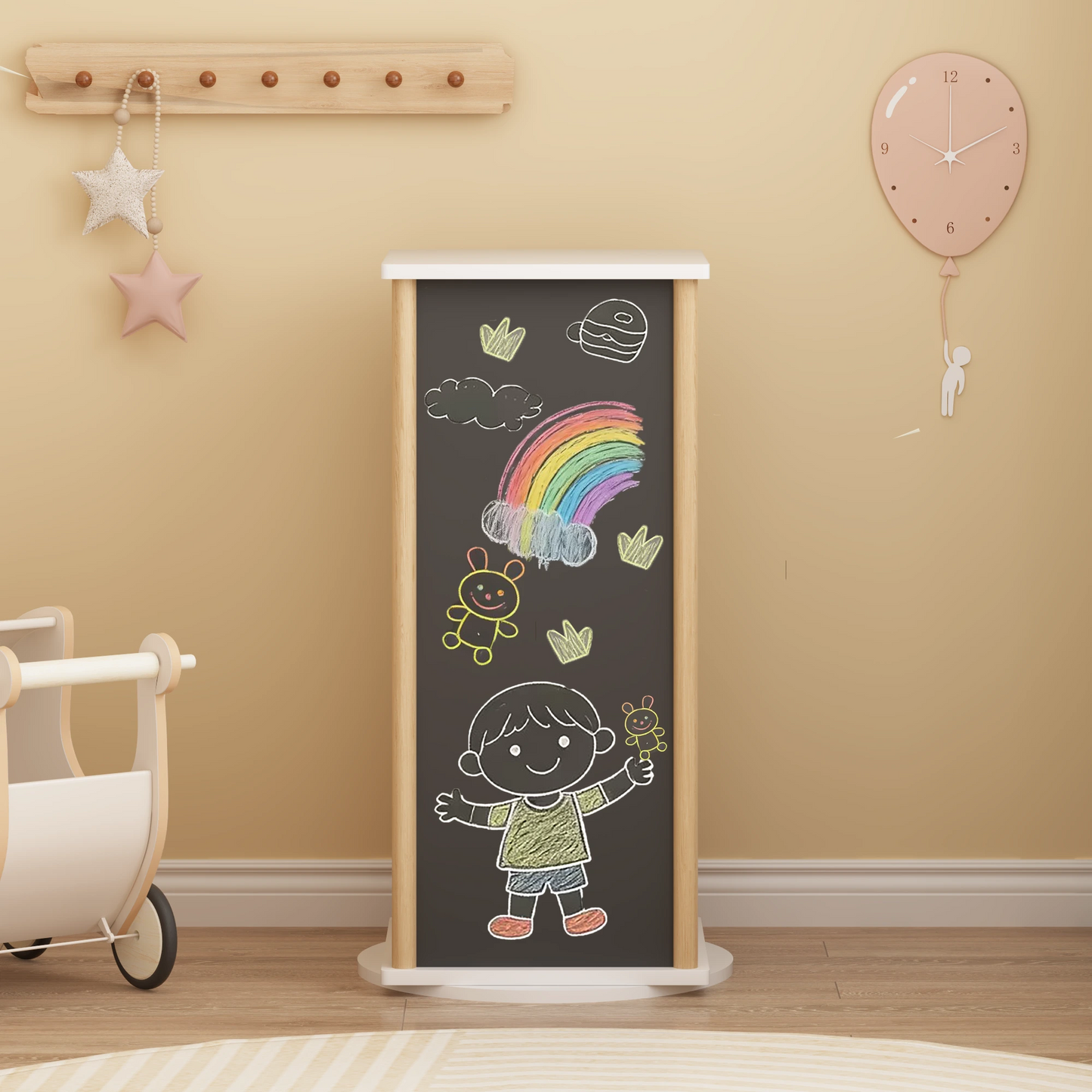 360° Rotating Kids Bookshelf with Chalkboard — 3-Tier Wooden Bookcase & Toy Storage Organizer