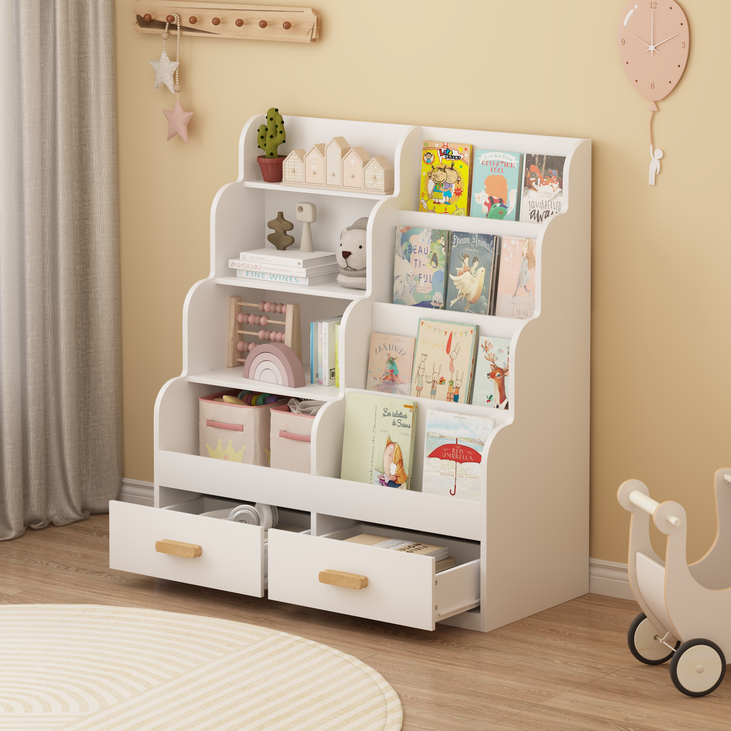 Kids Bookshelf & Toy Organizer — Front-Facing Bookcase with 2 Storage Drawers