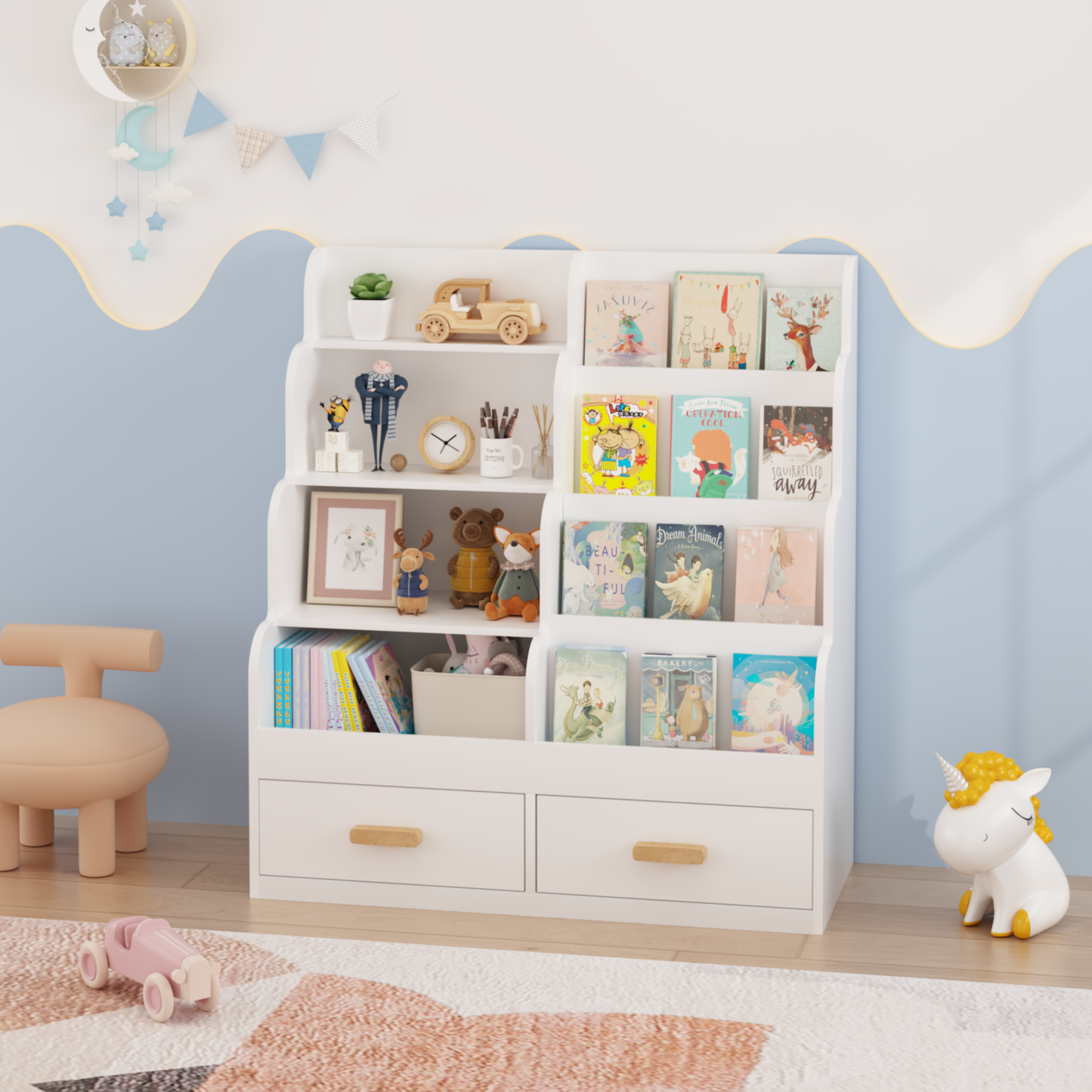 Kids Bookshelf & Toy Organizer — Front-Facing Bookcase with 2 Storage Drawers