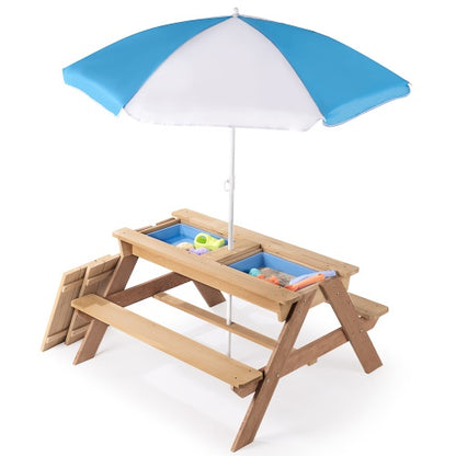 3-in-1 Kids Picnic Table with Umbrella — Sand, Water & Dining Activity Table