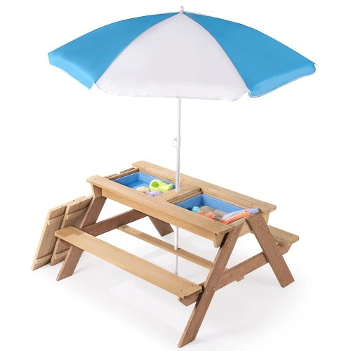 3-in-1 Kids Picnic Table with Umbrella — Sand, Water & Dining Activity Table